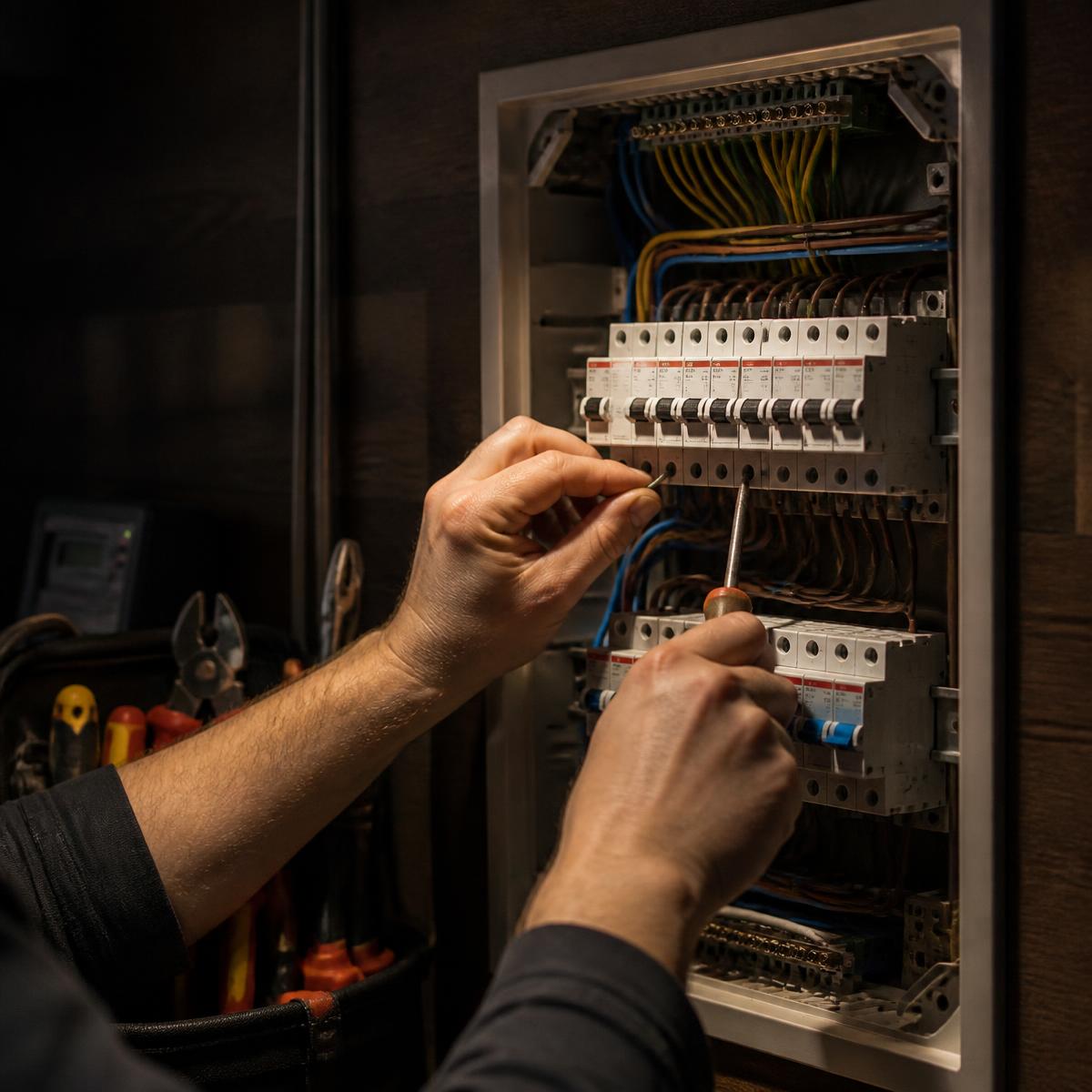 Eletricista a fazer manutenção num quadro elétrico